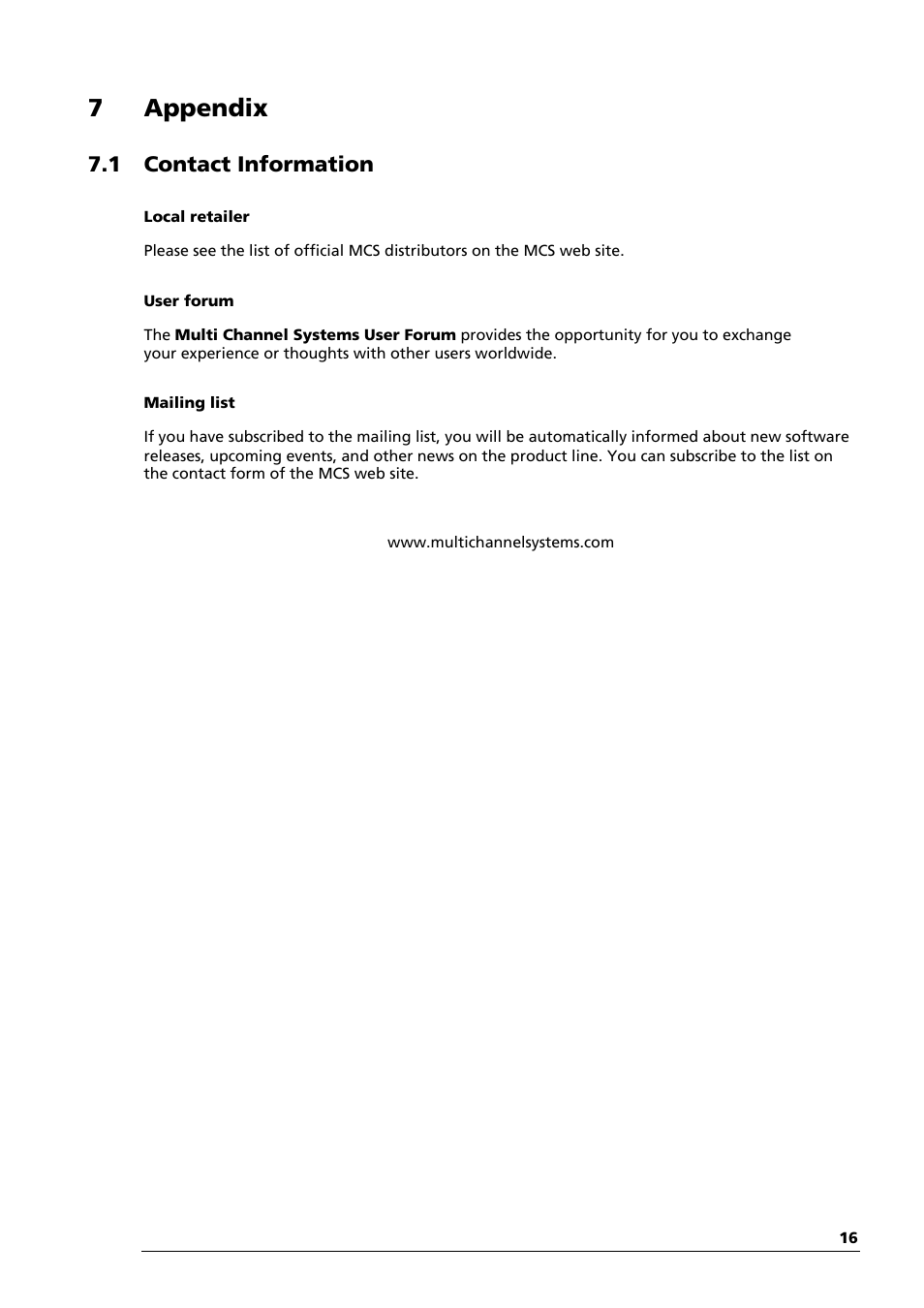 7 appendix, 1 contact information | Multichannel Systems MEA_Signal_Generator Manual User Manual | Page 20 / 29