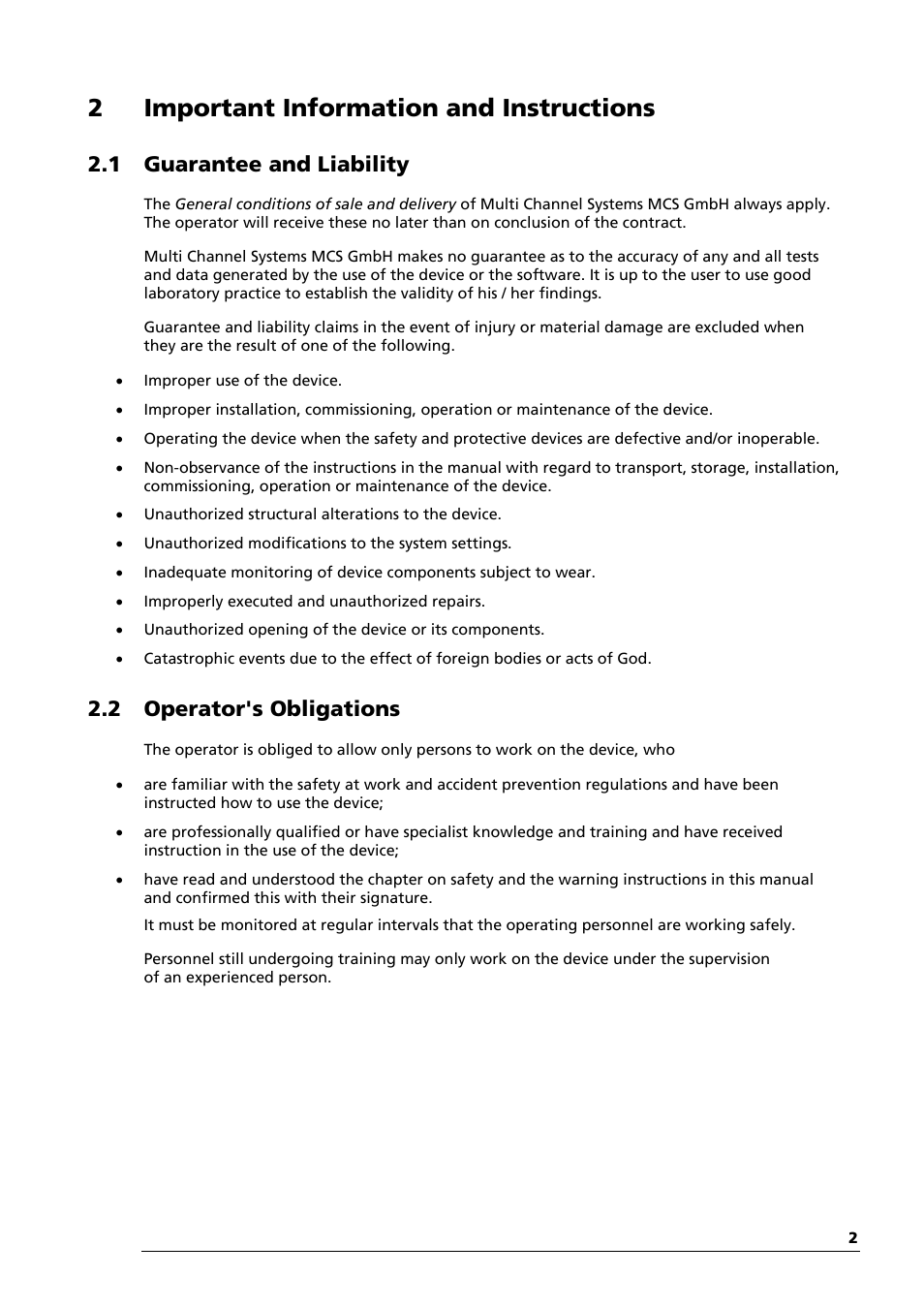 2important information and instructions, 1 guarantee and liability, 2 operator's obligations | Multichannel Systems MEA_Signal_Generator Manual User Manual | Page 6 / 29