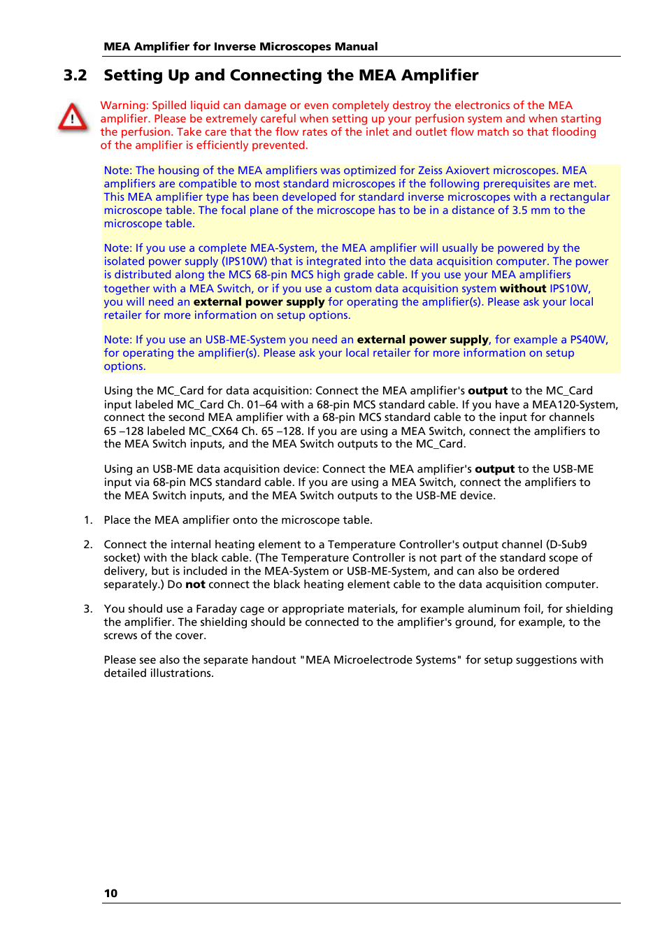 2 setting up and connecting the mea amplifier | Multichannel Systems MEA1060-Inv Manual User Manual | Page 10 / 35