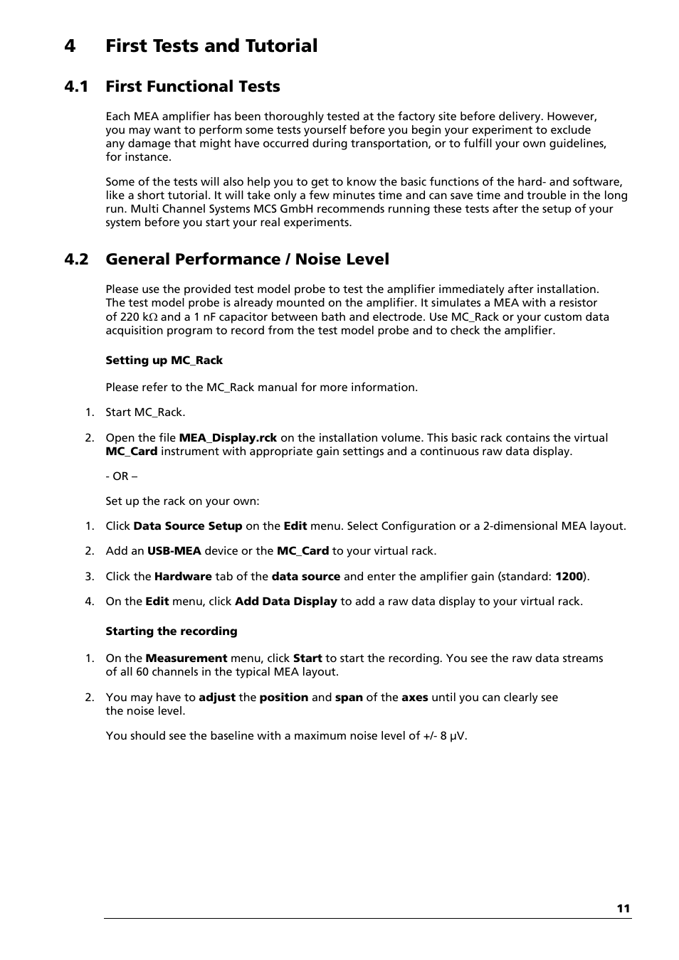 4first tests and tutorial, 1 first functional tests, 2 general performance / noise level | Multichannel Systems MEA1060-Inv Manual User Manual | Page 11 / 35