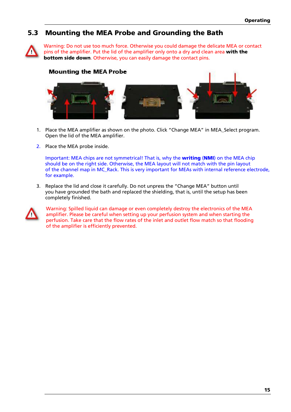 3 mounting the mea probe and grounding the bath | Multichannel Systems MEA1060-Inv Manual User Manual | Page 15 / 35