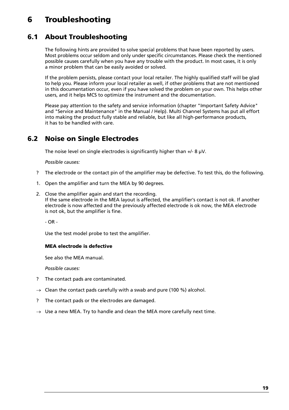 6 troubleshooting, 1 about troubleshooting, 2 noise on single electrodes | Multichannel Systems MEA1060-Inv Manual User Manual | Page 19 / 35