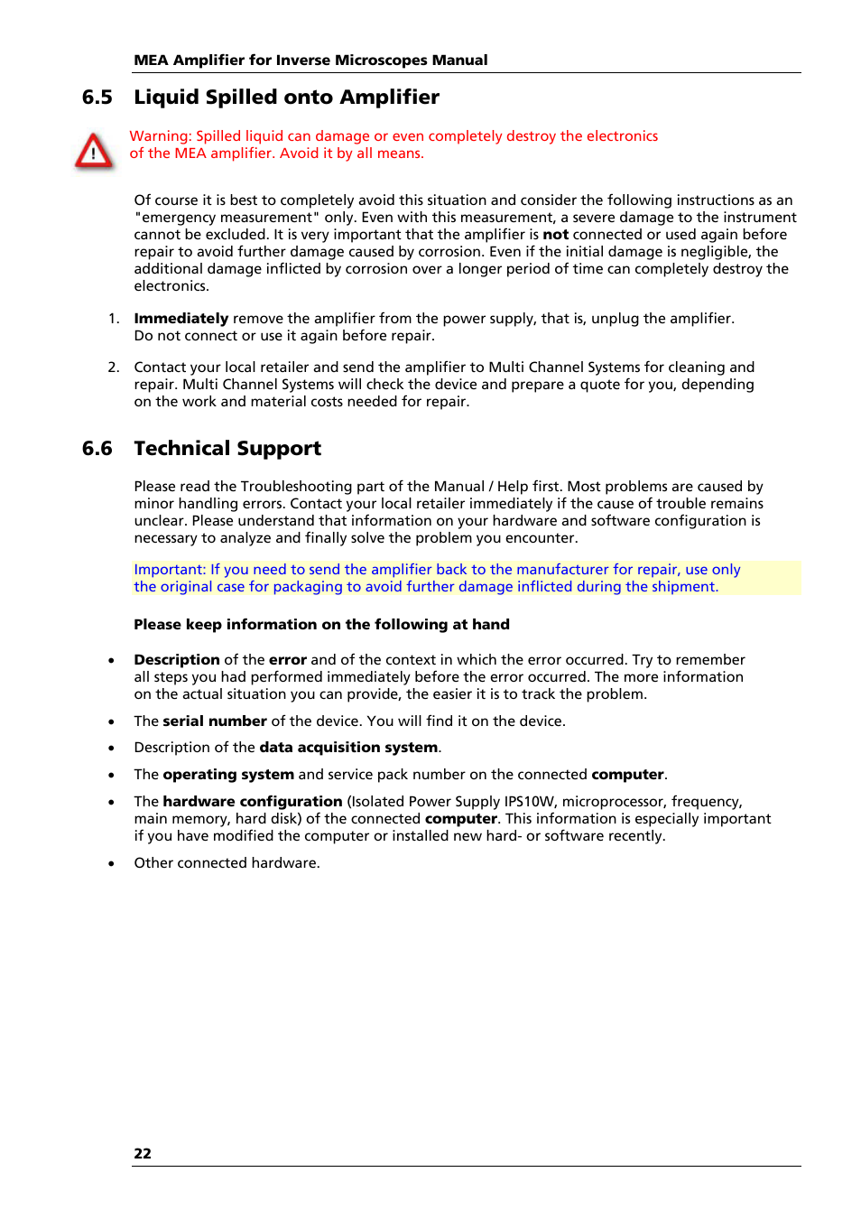 5 liquid spilled onto amplifier, 6 technical support | Multichannel Systems MEA1060-Inv Manual User Manual | Page 22 / 35