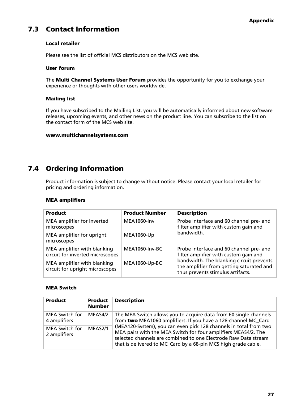 3 contact information, 4 ordering information | Multichannel Systems MEA1060-Inv Manual User Manual | Page 27 / 35