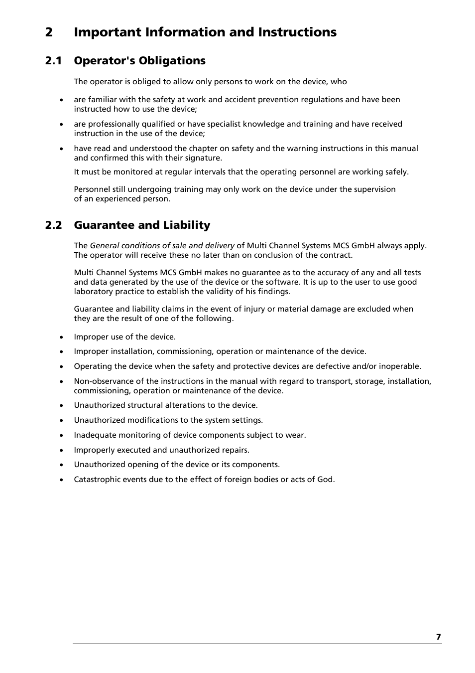 2important information and instructions, 1 operator's obligations, 2 guarantee and liability | Multichannel Systems MEA1060-Inv Manual User Manual | Page 7 / 35