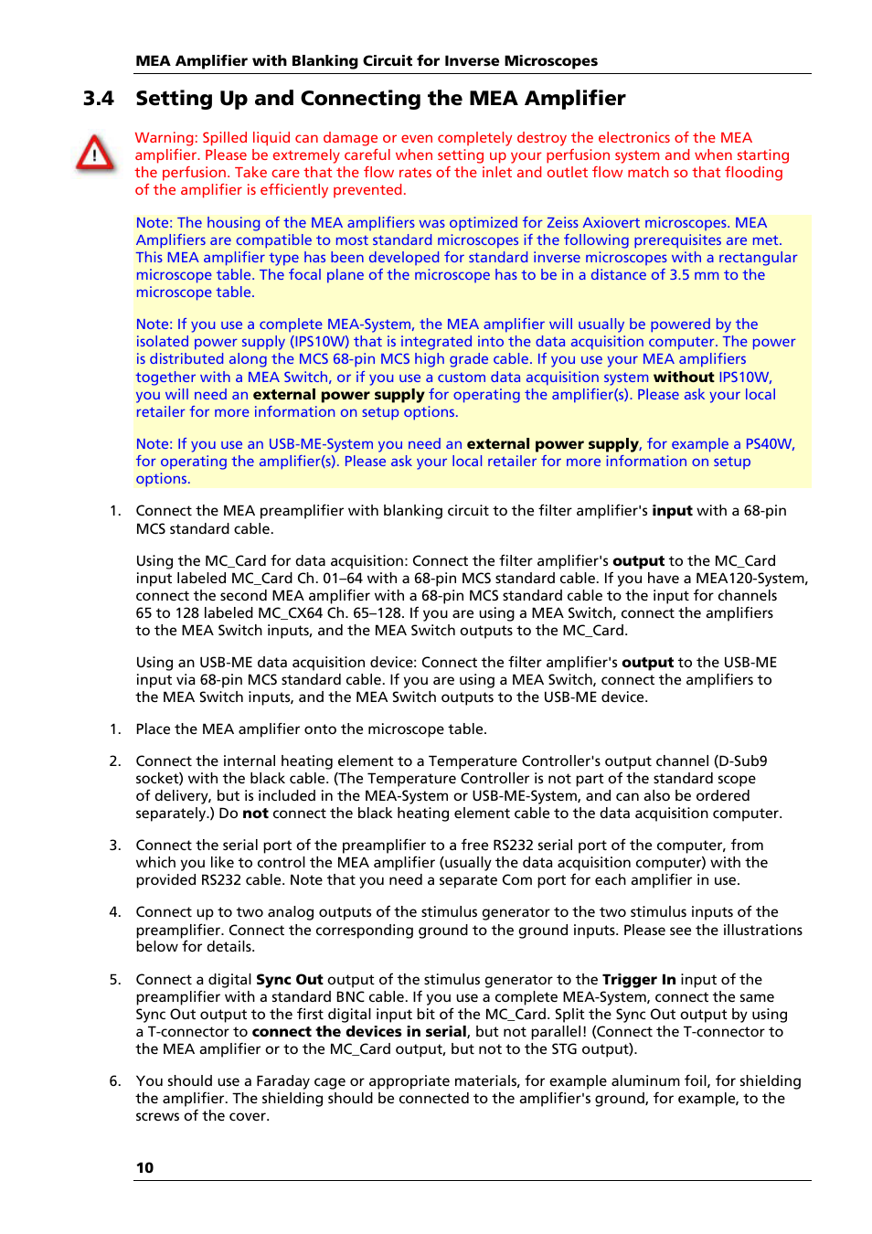 4 setting up and connecting the mea amplifier | Multichannel Systems MEA1060-Inv-BC Manual User Manual | Page 14 / 64