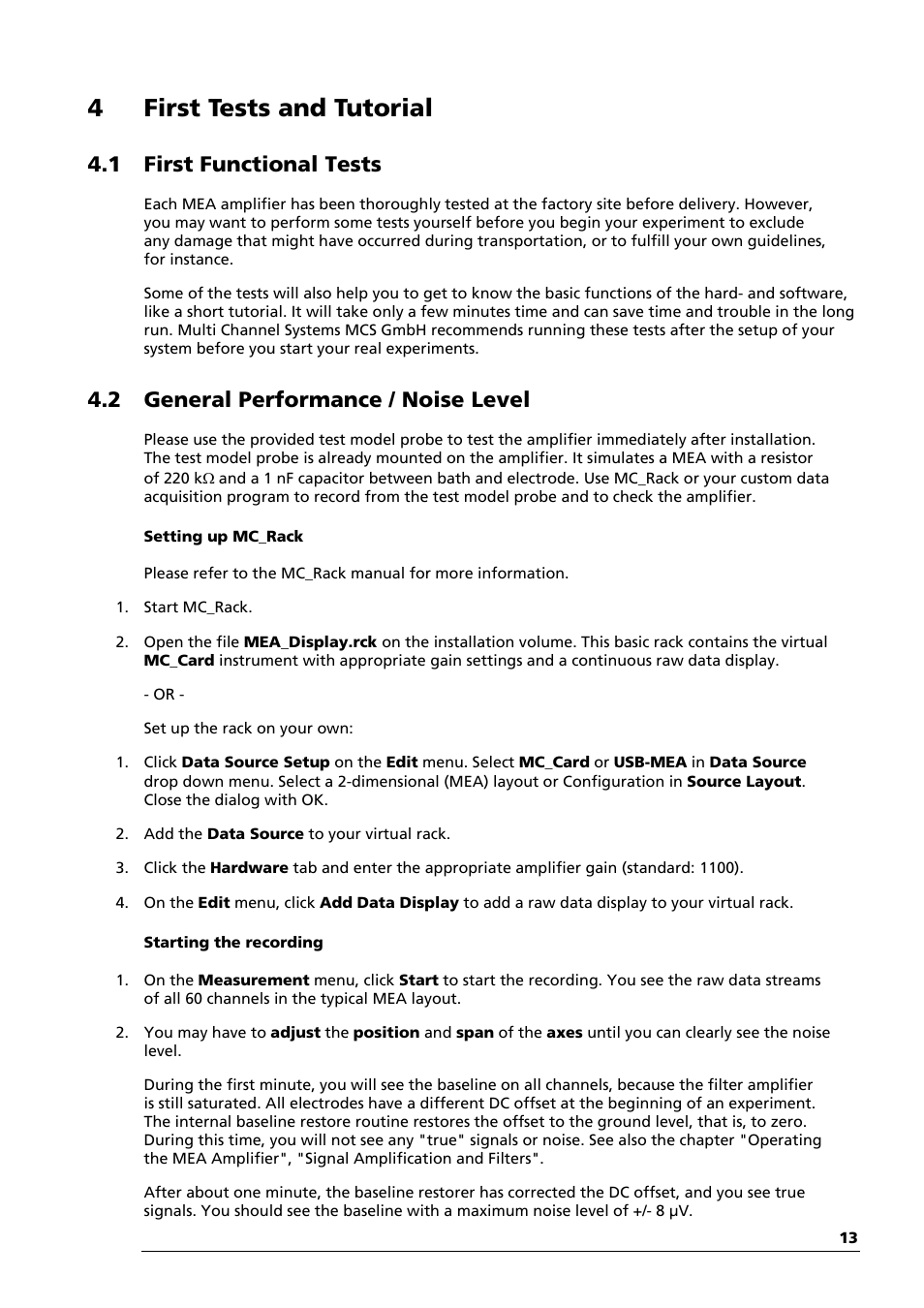 4first tests and tutorial, 1 first functional tests, 2 general performance / noise level | Multichannel Systems MEA1060-Inv-BC Manual User Manual | Page 17 / 64