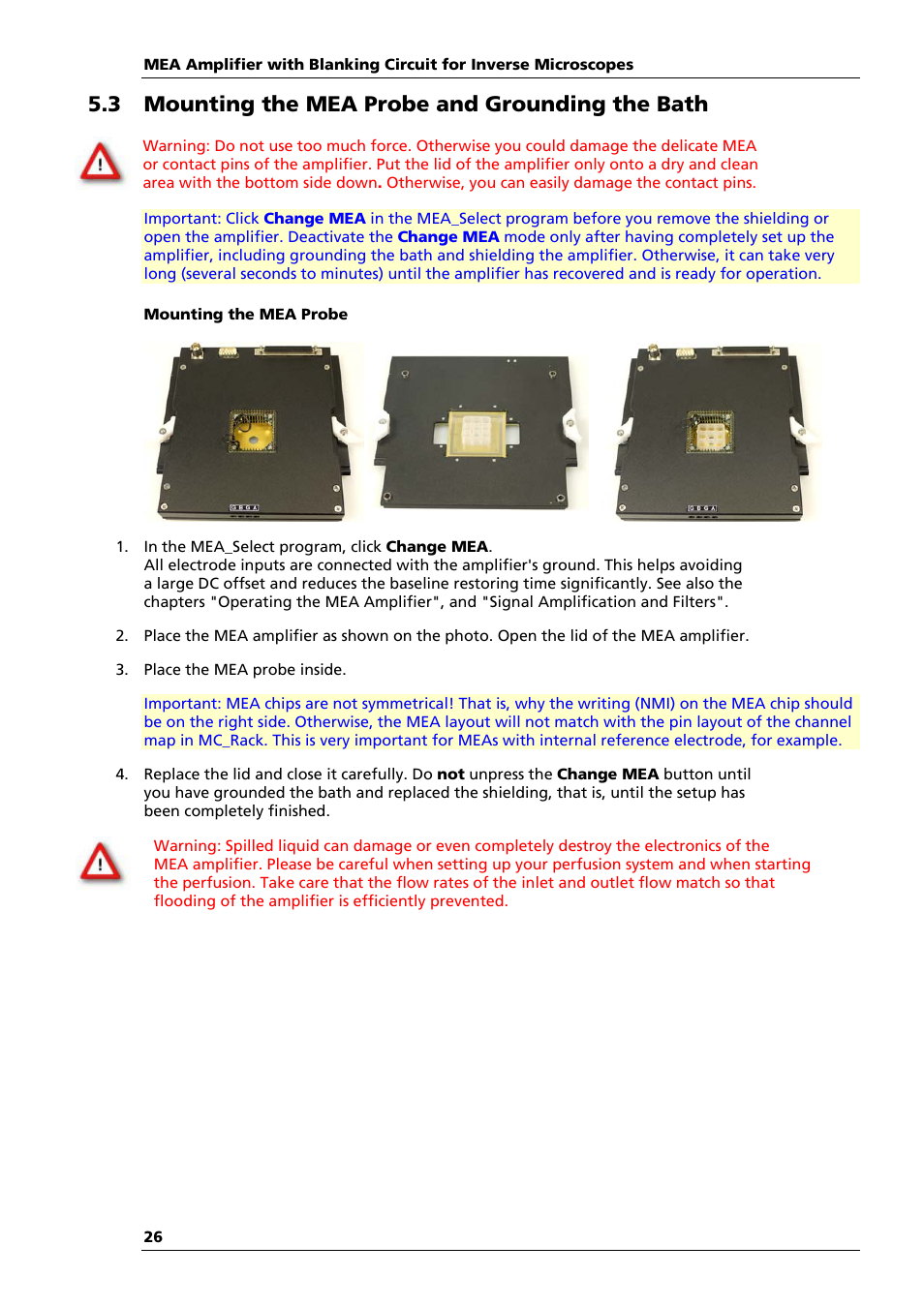 3 mounting the mea probe and grounding the bath | Multichannel Systems MEA1060-Inv-BC Manual User Manual | Page 30 / 64