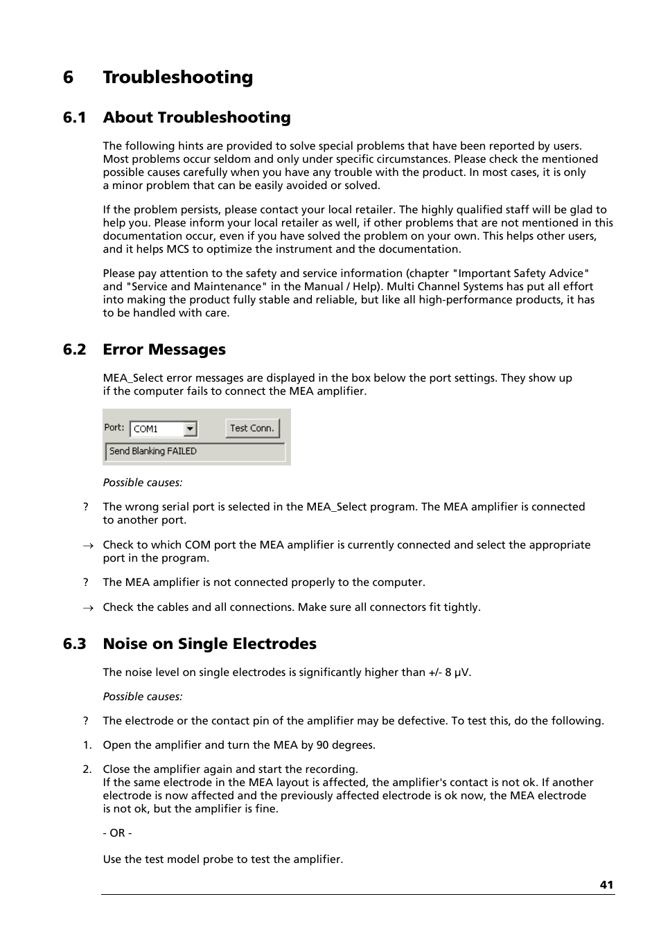 6 troubleshooting, 1 about troubleshooting, 2 error messages | 3 noise on single electrodes | Multichannel Systems MEA1060-Inv-BC Manual User Manual | Page 45 / 64