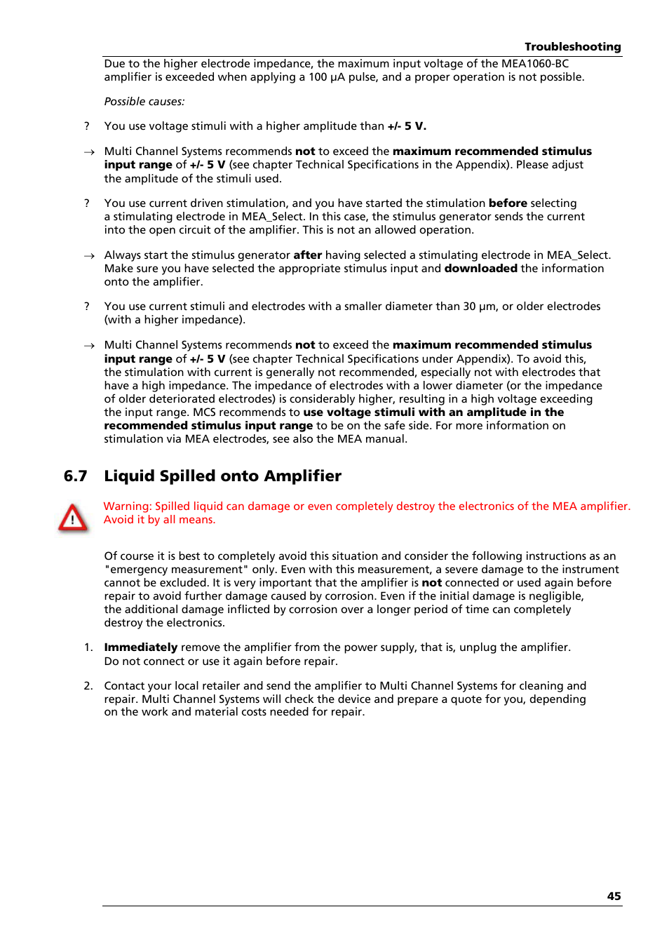 7 liquid spilled onto amplifier | Multichannel Systems MEA1060-Inv-BC Manual User Manual | Page 49 / 64