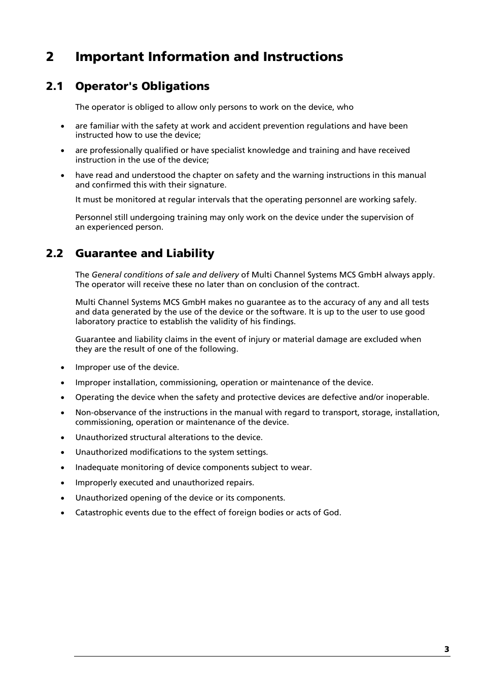 2important information and instructions, 1 operator's obligations, 2 guarantee and liability | Multichannel Systems MEA1060-Inv-BC Manual User Manual | Page 7 / 64