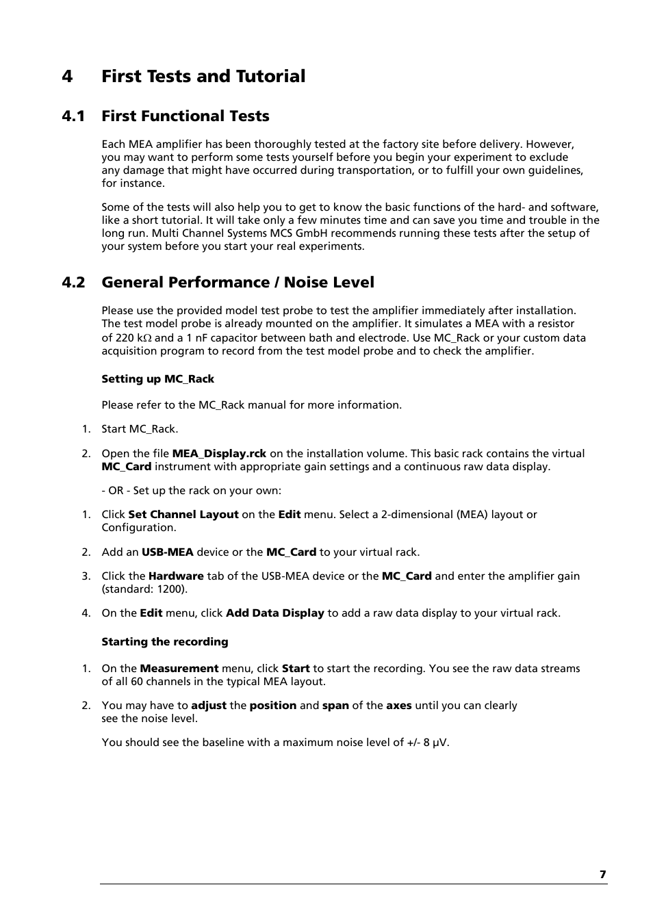 4first tests and tutorial, 1 first functional tests, 2 general performance / noise level | Multichannel Systems MEA1060-Up Manual User Manual | Page 11 / 36