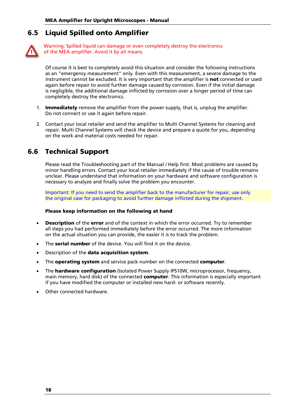 5 liquid spilled onto amplifier, 6 technical support | Multichannel Systems MEA1060-Up Manual User Manual | Page 22 / 36