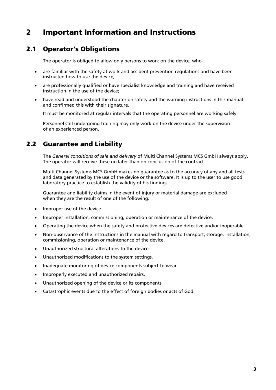 2important information and instructions, 1 operator's obligations, 2 guarantee and liability | Multichannel Systems MEA1060-Up Manual User Manual | Page 7 / 36