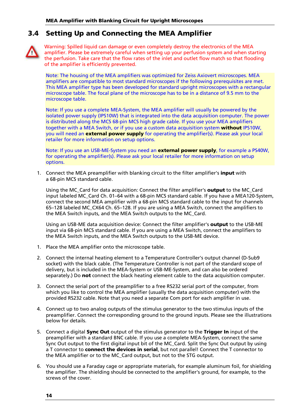 4 setting up and connecting the mea amplifier | Multichannel Systems MEA1060-Up-BC Manual User Manual | Page 14 / 64