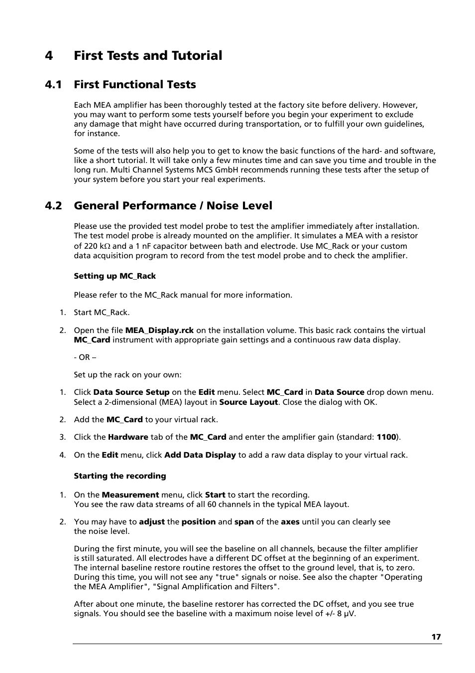 4first tests and tutorial, 1 first functional tests, 2 general performance / noise level | Multichannel Systems MEA1060-Up-BC Manual User Manual | Page 17 / 64
