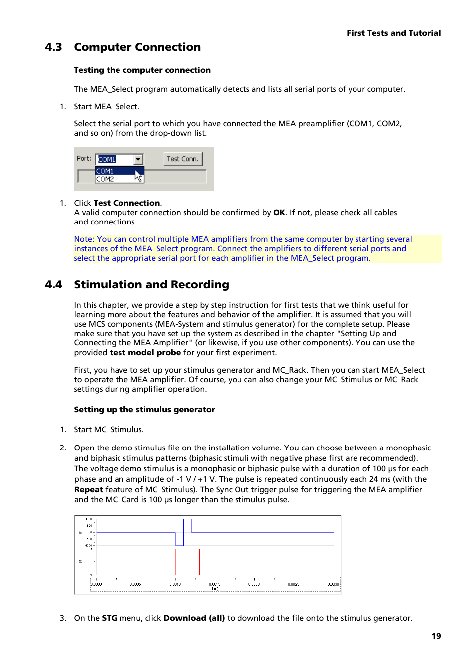 3 computer connection, 4 stimulation and recording | Multichannel Systems MEA1060-Up-BC Manual User Manual | Page 19 / 64