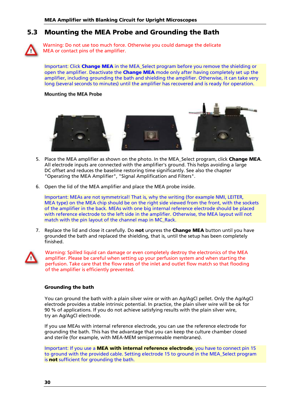 3 mounting the mea probe and grounding the bath | Multichannel Systems MEA1060-Up-BC Manual User Manual | Page 30 / 64