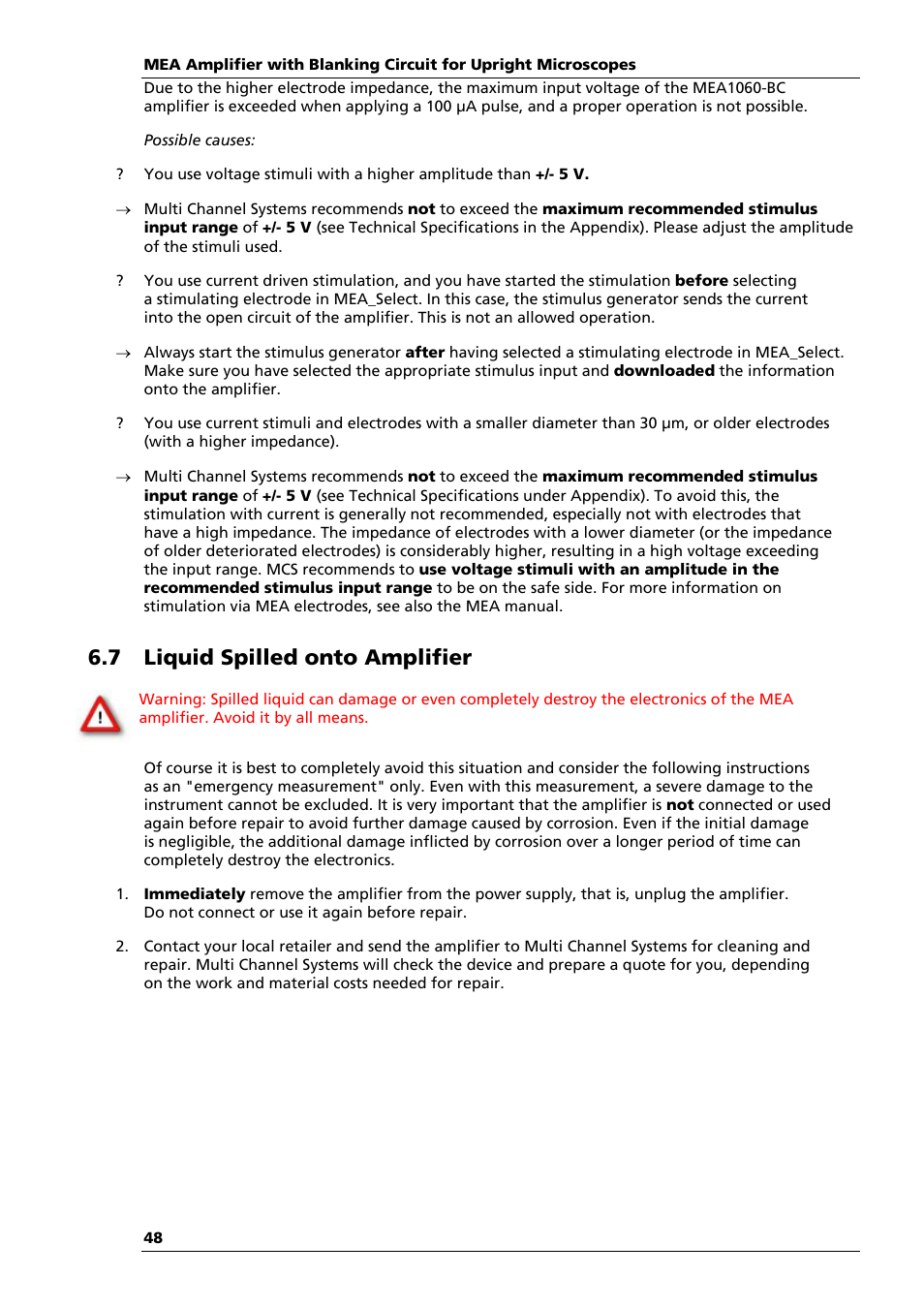 7 liquid spilled onto amplifier | Multichannel Systems MEA1060-Up-BC Manual User Manual | Page 48 / 64