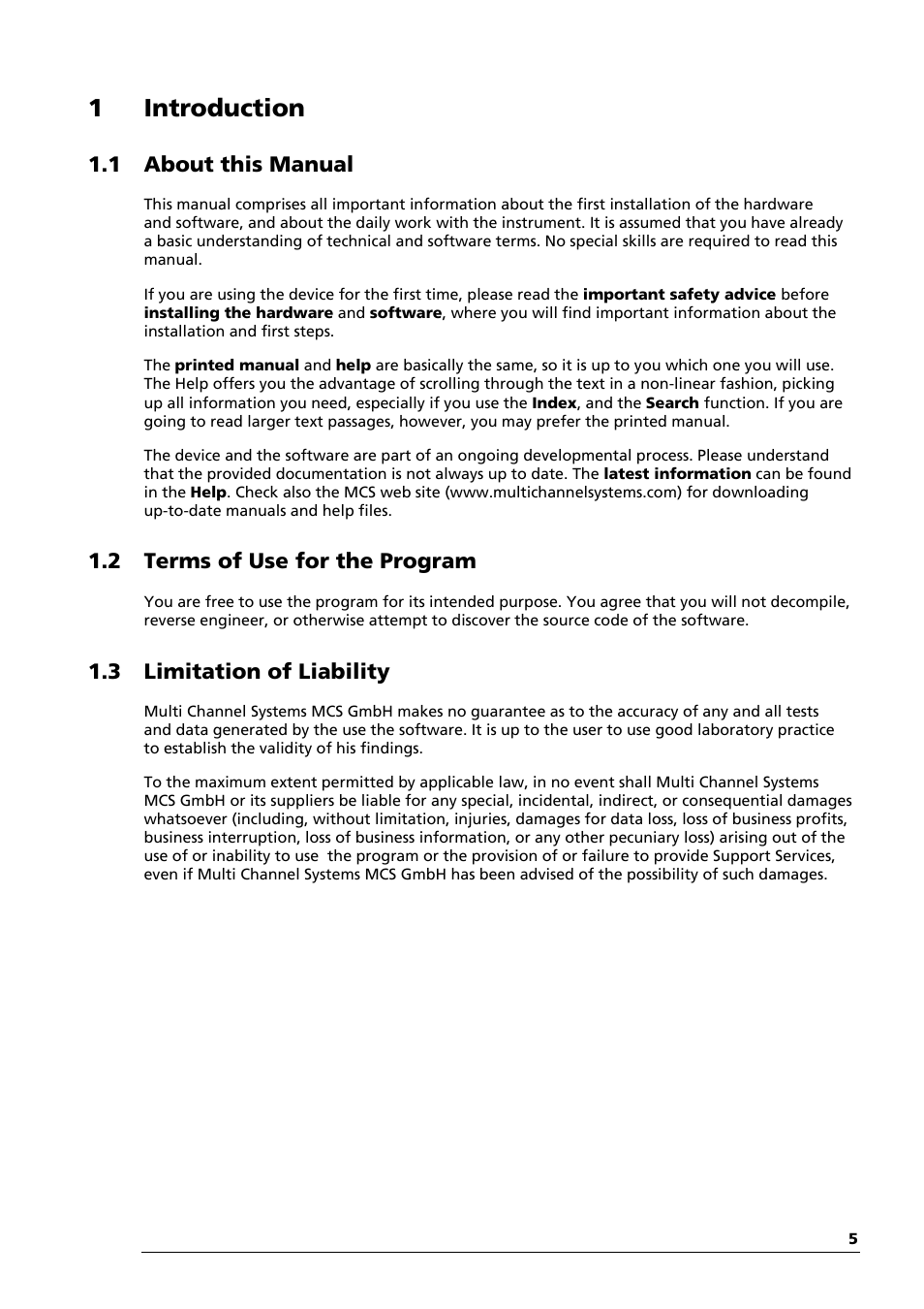 1 introduction, 1 about this manual, 2 terms of use for the program | 3 limitation of liability | Multichannel Systems MEA1060-Up-BC Manual User Manual | Page 5 / 64