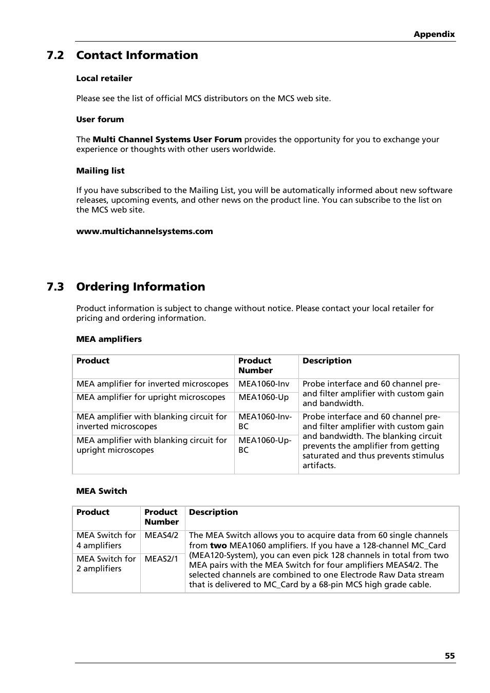 2 contact information, 3 ordering information | Multichannel Systems MEA1060-Up-BC Manual User Manual | Page 55 / 64