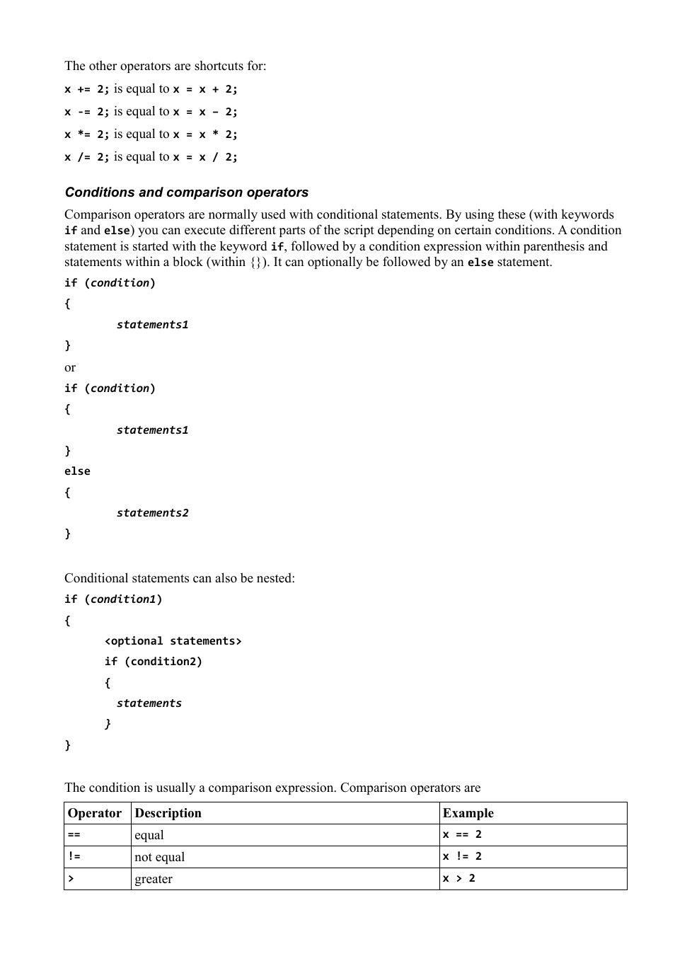 Conditions and comparison operators | Multichannel Systems Roboocyte2 JavaScript Manual User Manual | Page 3 / 5