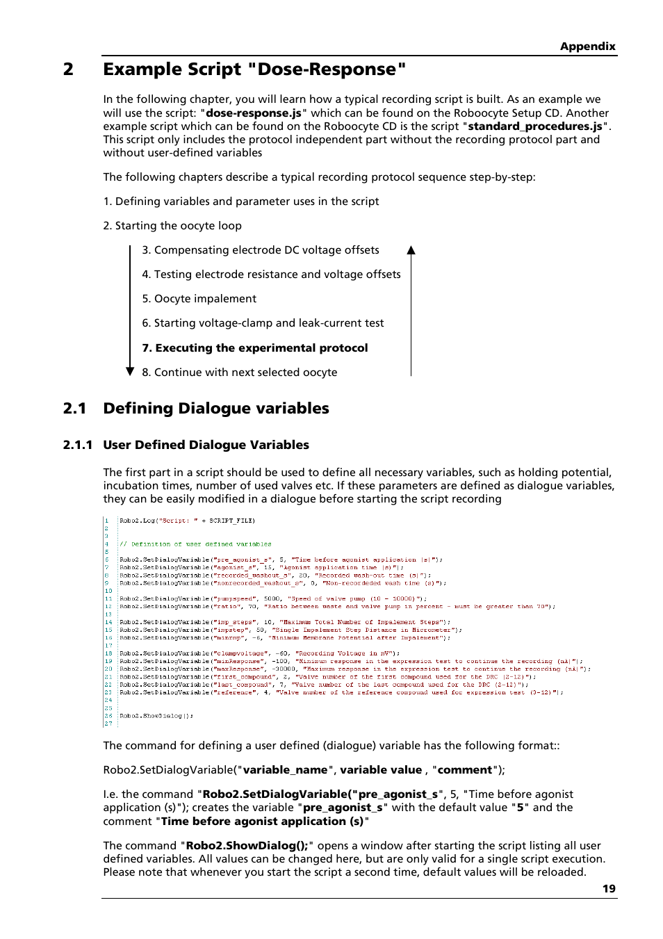 2example script "dose-response, 1 defining dialogue variables | Multichannel Systems Roboocyte2 Scripting Manual User Manual | Page 19 / 36