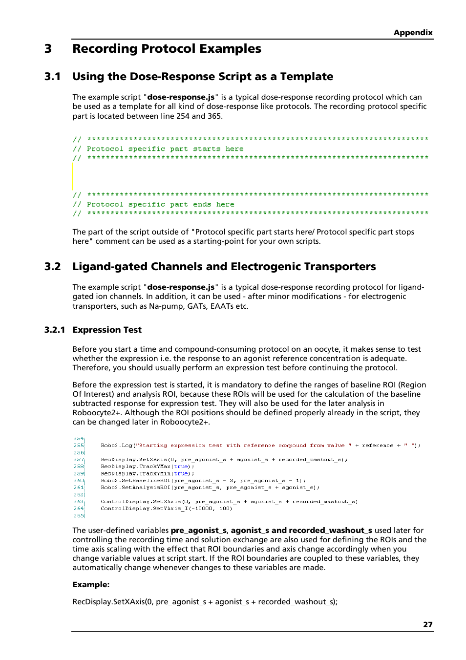 3recording protocol examples, 1 using the dose-response script as a template | Multichannel Systems Roboocyte2 Scripting Manual User Manual | Page 27 / 36