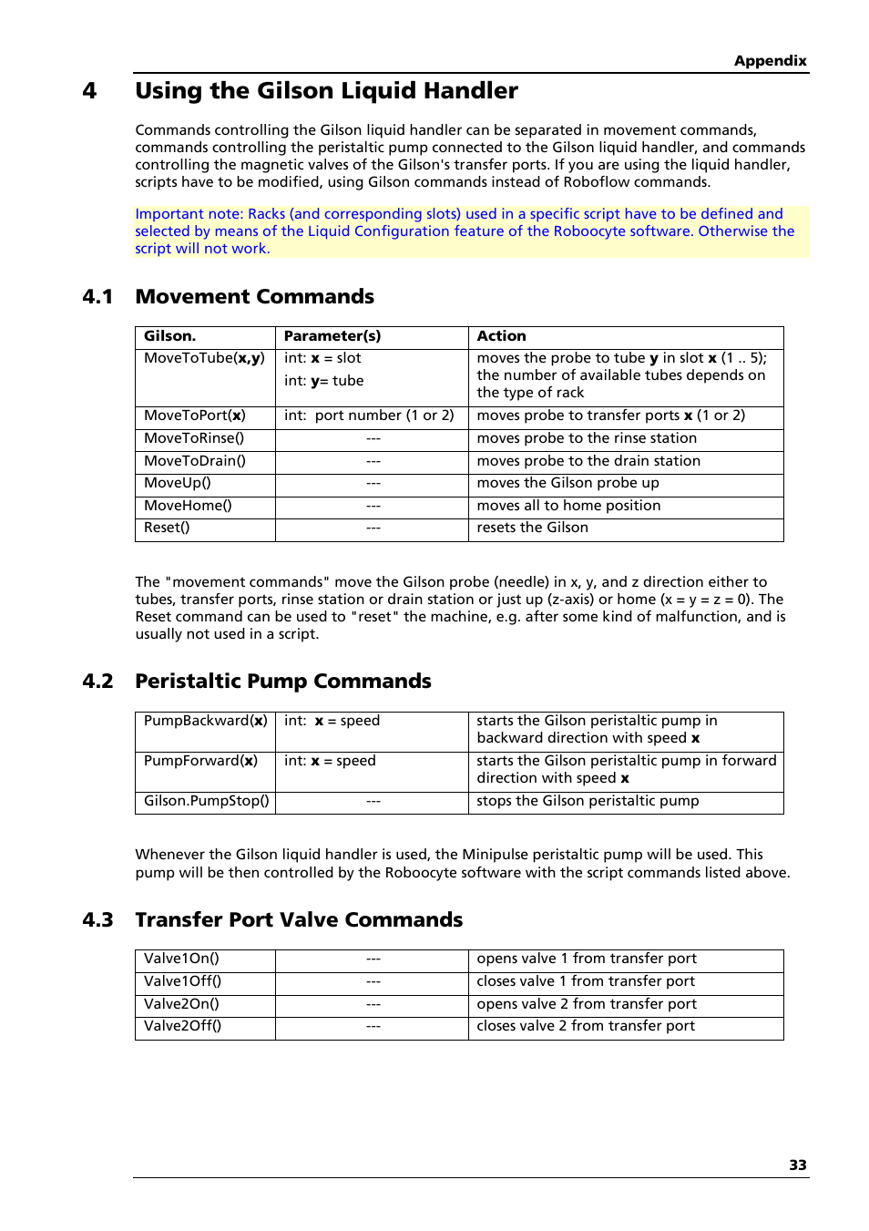 4using the gilson liquid handler, 1 movement commands, 2 peristaltic pump commands | 3 transfer port valve commands | Multichannel Systems Roboocyte2 Scripting Manual User Manual | Page 33 / 36