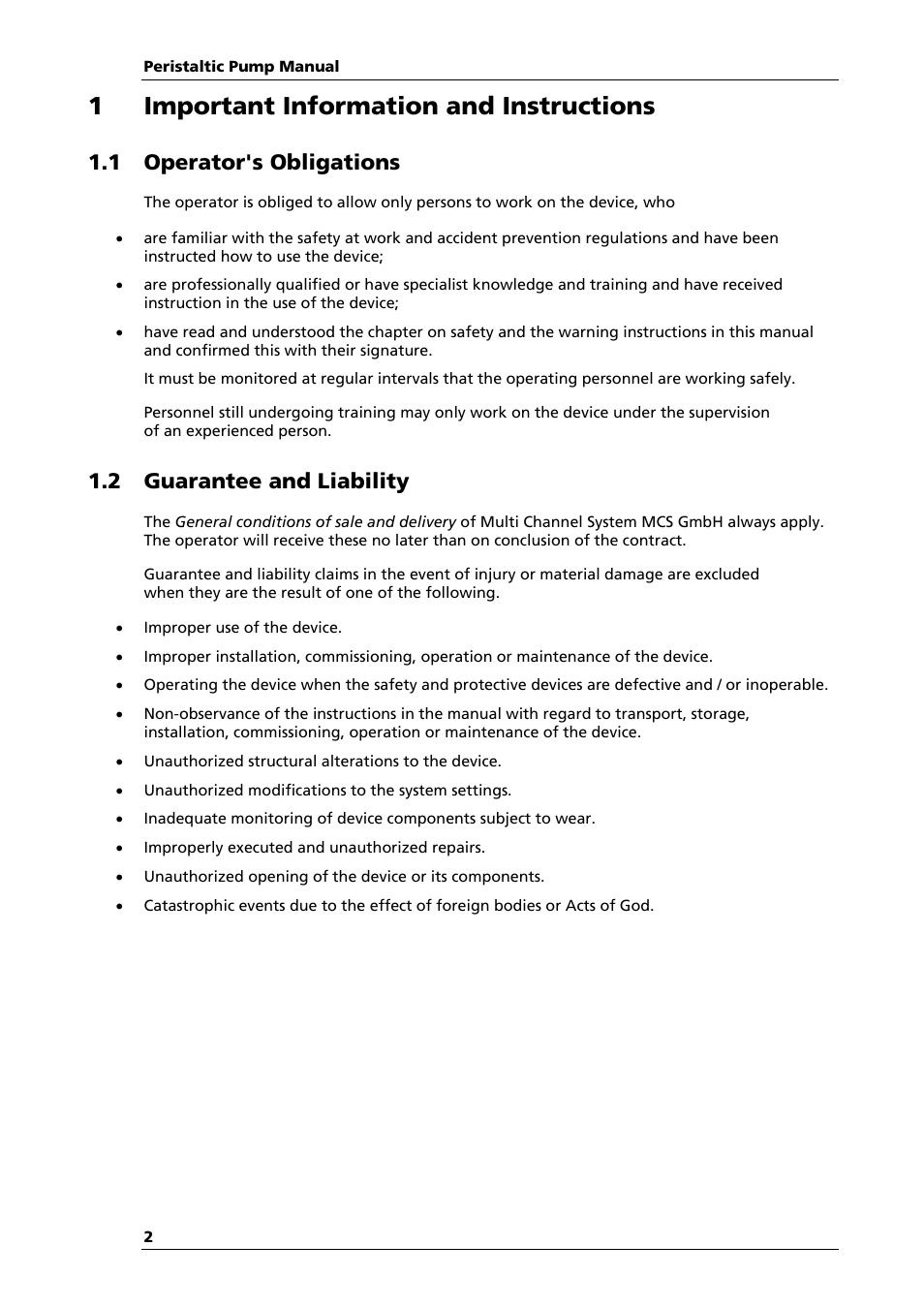1important information and instructions, 1 operator's obligations, 2 guarantee and liability | Multichannel Systems PPS2 Manual User Manual | Page 4 / 26