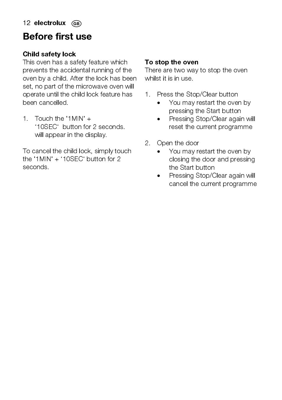Before first use, Press the stop/clear button, Open the door | Electrolux EMS2105S User Manual | Page 12 / 152