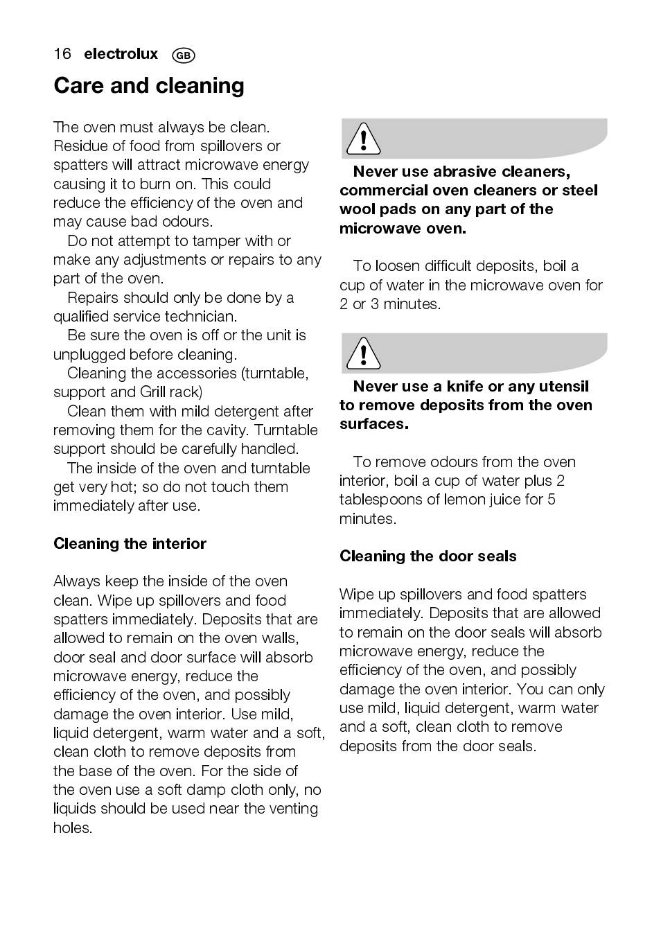 Electrolux, Cleaning the interior, Cleaning the door seals | Electrolux EMS2105S User Manual | Page 16 / 152