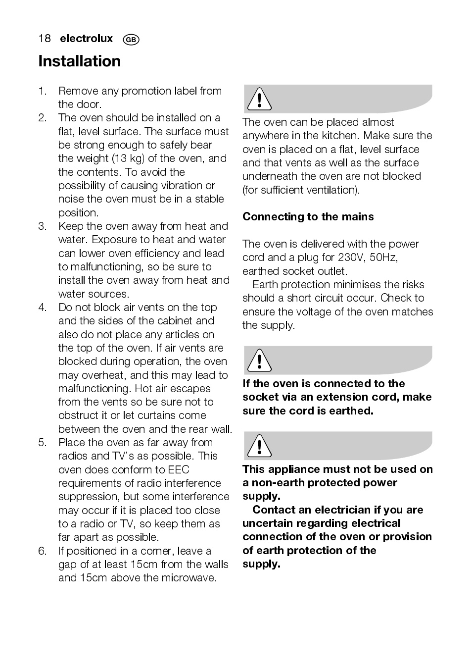 Connecting to the mains | Electrolux EMS2105S User Manual | Page 18 / 152