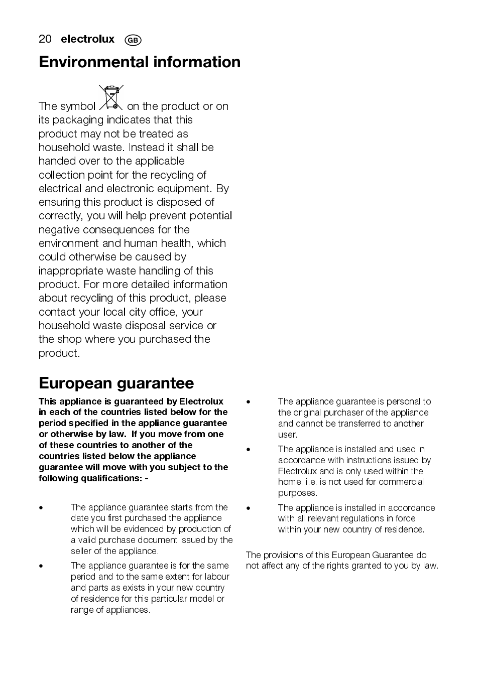 Environmental information, European guarantee | Electrolux EMS2105S User Manual | Page 20 / 152