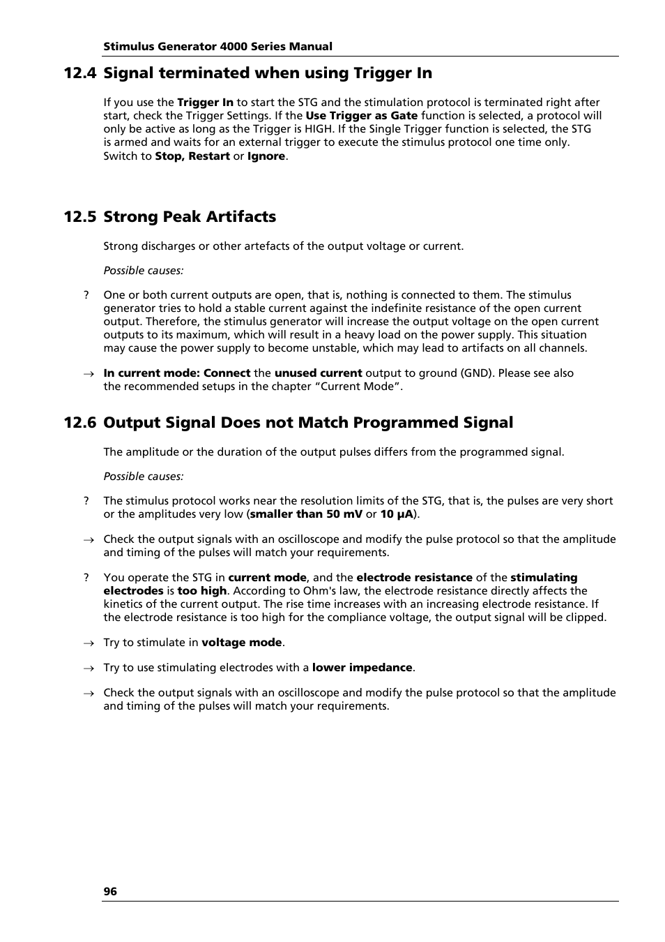 4 signal terminated when using trigger in, 5 strong peak artifacts, 6 output signal does not match programmed signal | Multichannel Systems STG4004+STG4008 Manual User Manual | Page 100 / 114