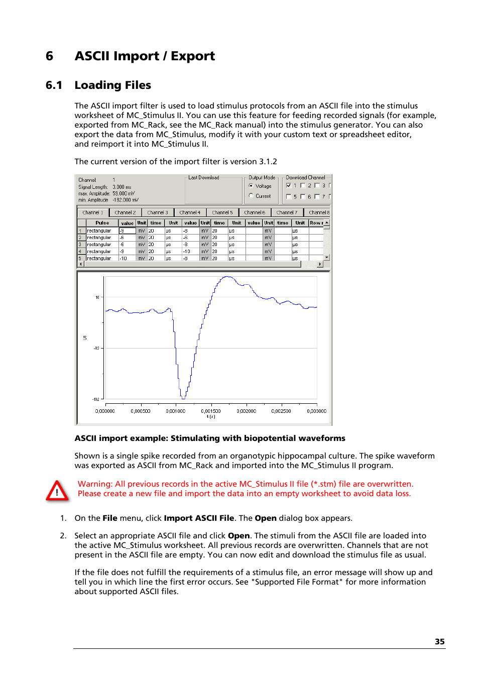 6ascii import / export, 1 loading files | Multichannel Systems STG4004+STG4008 Manual User Manual | Page 39 / 114