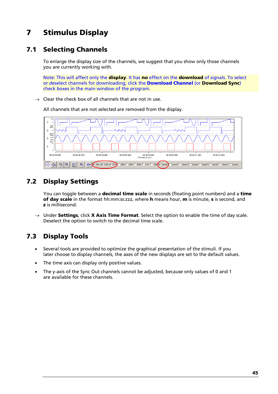 7 stimulus display, 1 selecting channels, 2 display settings | 3 display tools | Multichannel Systems STG4004+STG4008 Manual User Manual | Page 49 / 114