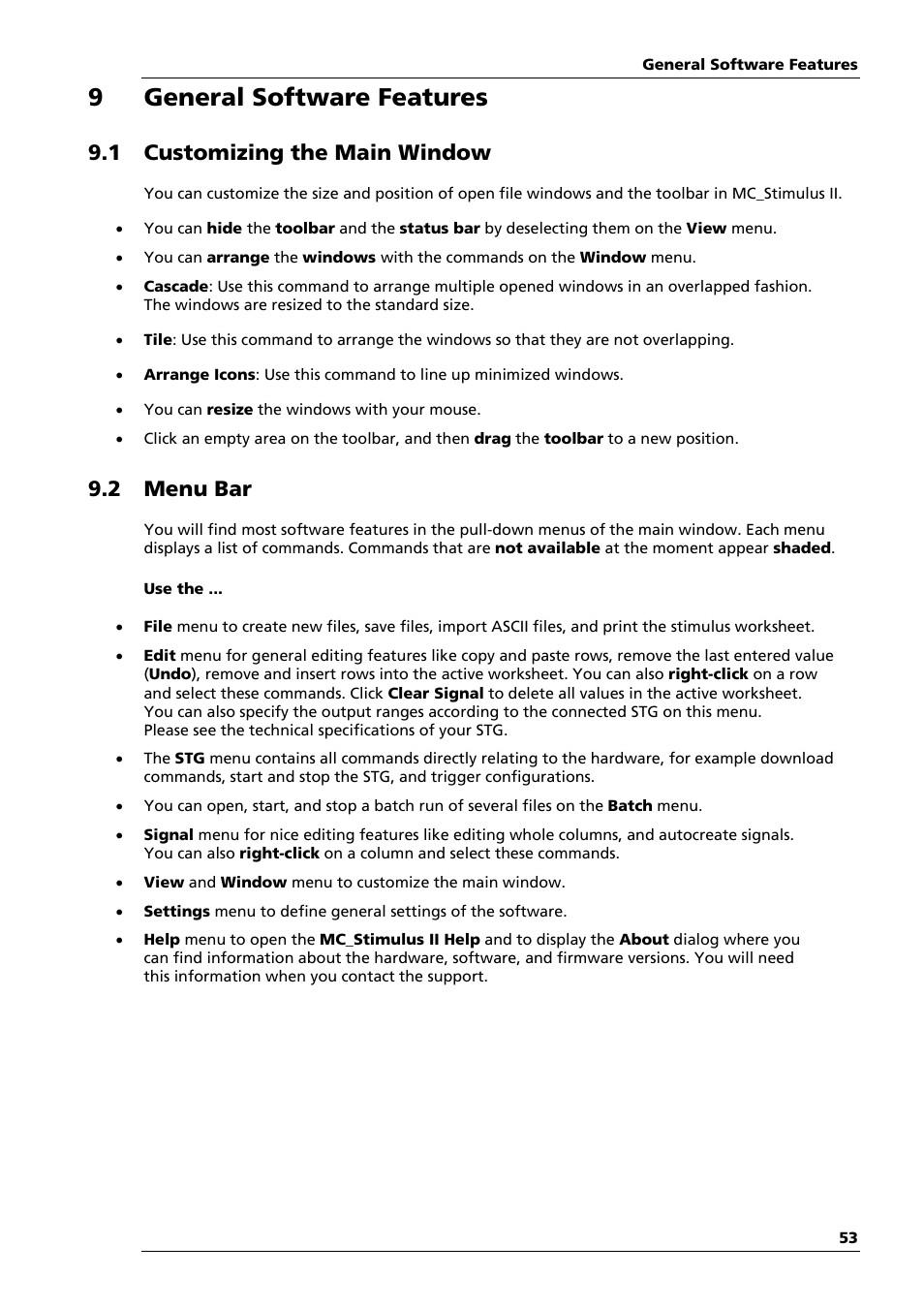 9general software features, 1 customizing the main window, 2 menu bar | Multichannel Systems STG4004+STG4008 Manual User Manual | Page 57 / 114