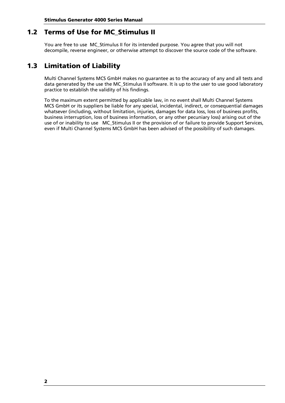 2 terms of use for mc_stimulus ii, 3 limitation of liability | Multichannel Systems STG4004+STG4008 Manual User Manual | Page 6 / 114