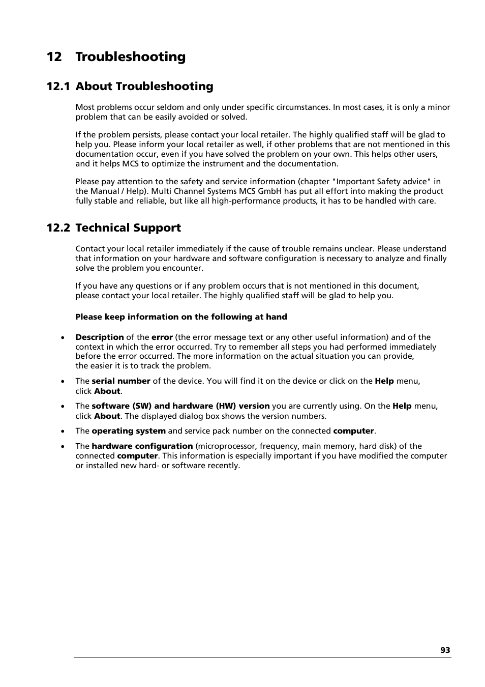 12 troubleshooting, 1 about troubleshooting, 2 technical support | Multichannel Systems STG4004+STG4008 Manual User Manual | Page 97 / 114