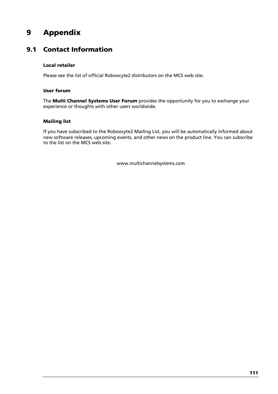 9 appendix, 1 contact information | Multichannel Systems Roboocyte2 Manual User Manual | Page 115 / 115