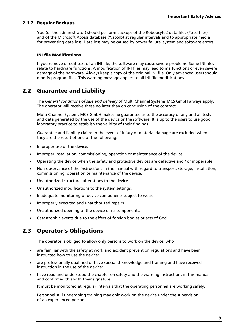 2 guarantee and liability, 3 operator's obligations | Multichannel Systems Roboocyte2 Manual User Manual | Page 13 / 115