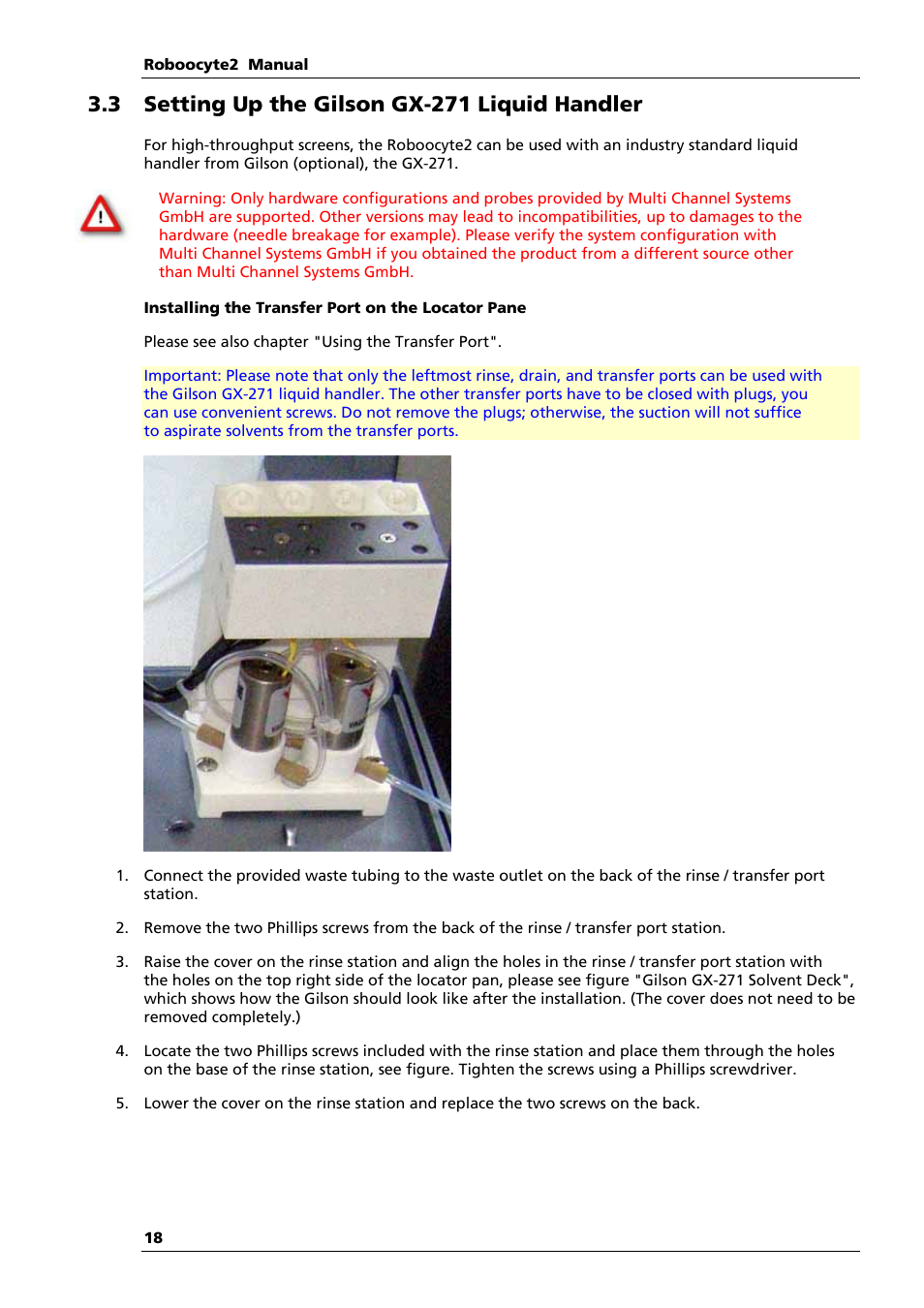 3 setting up the gilson gx-271 liquid handler | Multichannel Systems Roboocyte2 Manual User Manual | Page 22 / 115