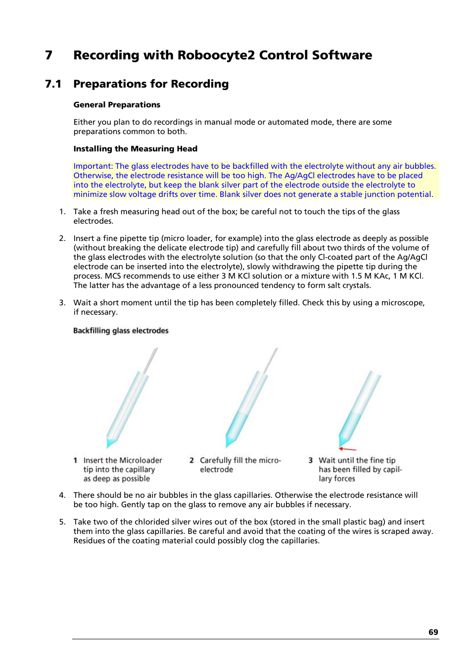 7recording with roboocyte2 control software, 1 preparations for recording | Multichannel Systems Roboocyte2 Manual User Manual | Page 73 / 115