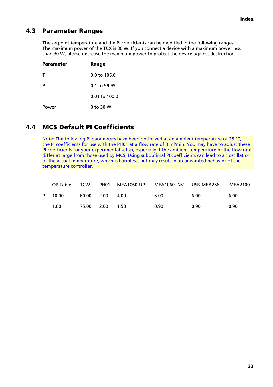 3 parameter ranges, 4 mcs default pi coefficients | Multichannel Systems TC01-TC02 Manual User Manual | Page 27 / 33