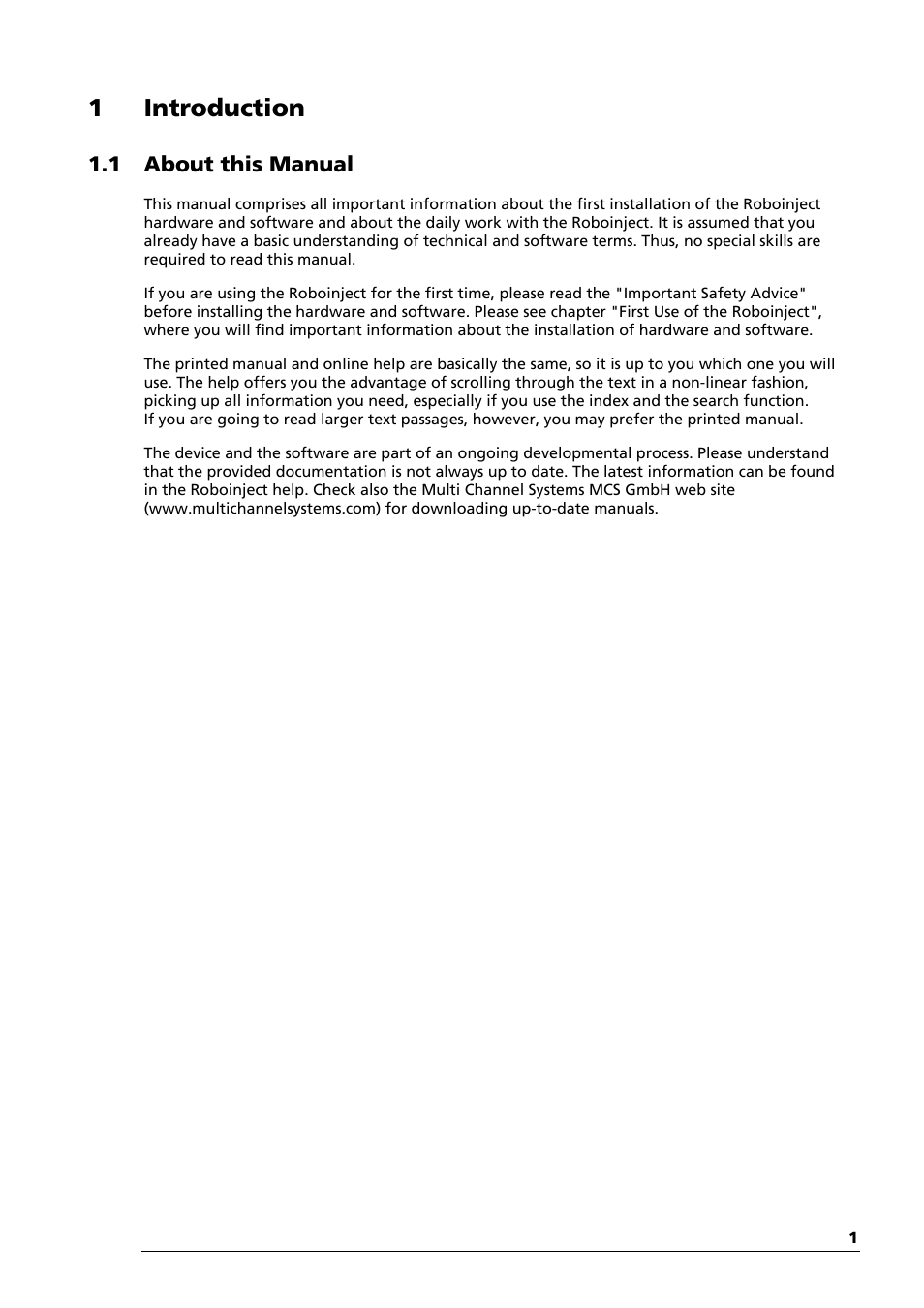 1 introduction, 1 about this manual | Multichannel Systems Roboinject Manual User Manual | Page 5 / 91