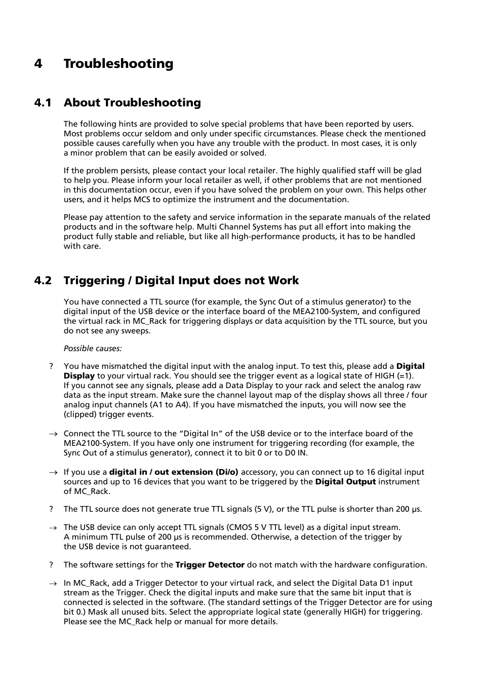 4 troubleshooting, 1 about troubleshooting, 2 triggering / digital input does not work | Multichannel Systems MEA-System Manual User Manual | Page 20 / 28