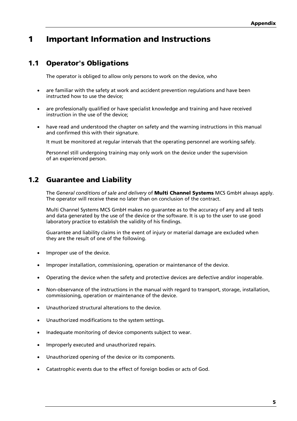 1important information and instructions, 1 operator's obligations, 2 guarantee and liability | Multichannel Systems MEA-System Manual User Manual | Page 5 / 28
