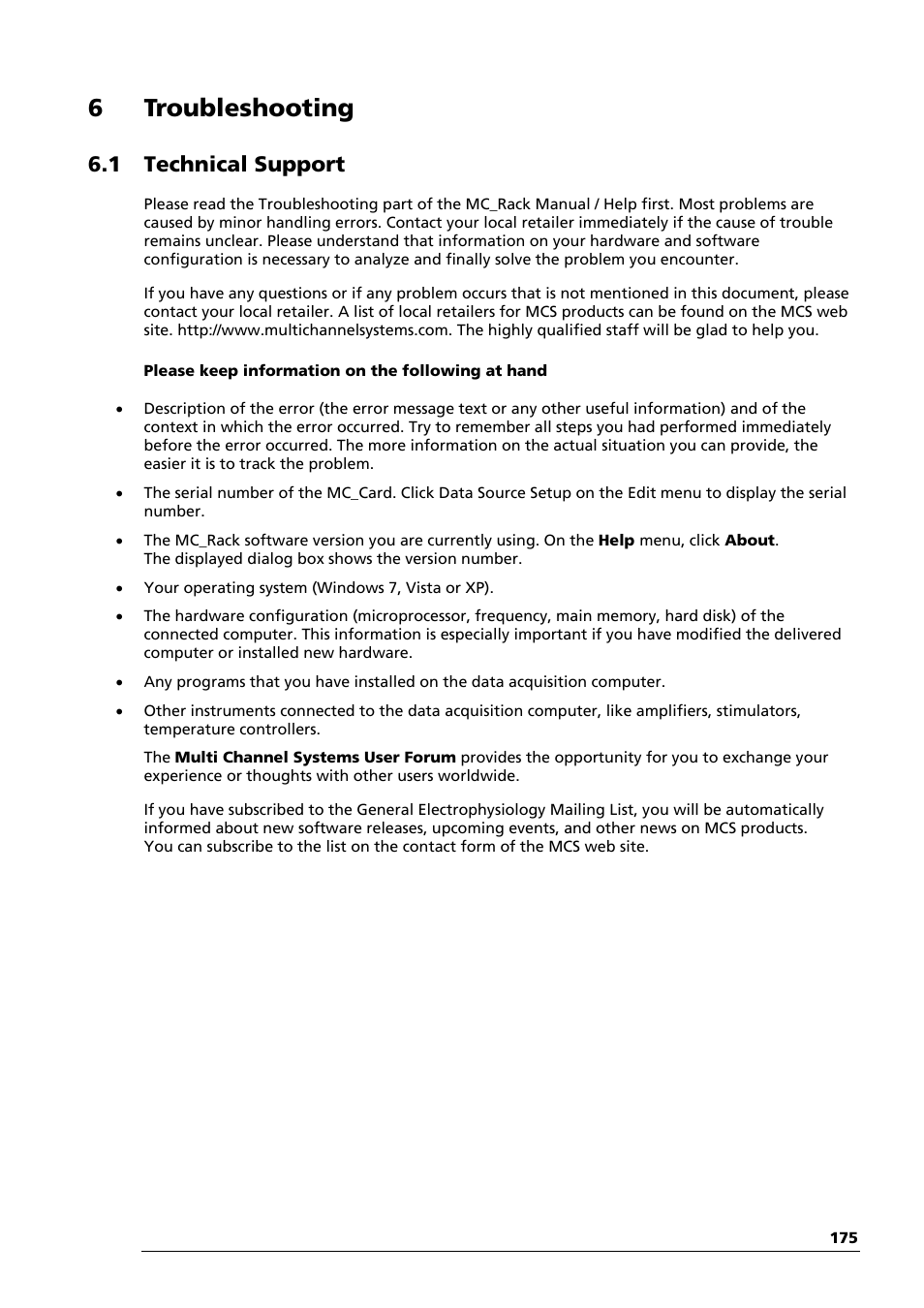 6 troubleshooting, 1 technical support | Multichannel Systems MC_Rack Manual User Manual | Page 181 / 201