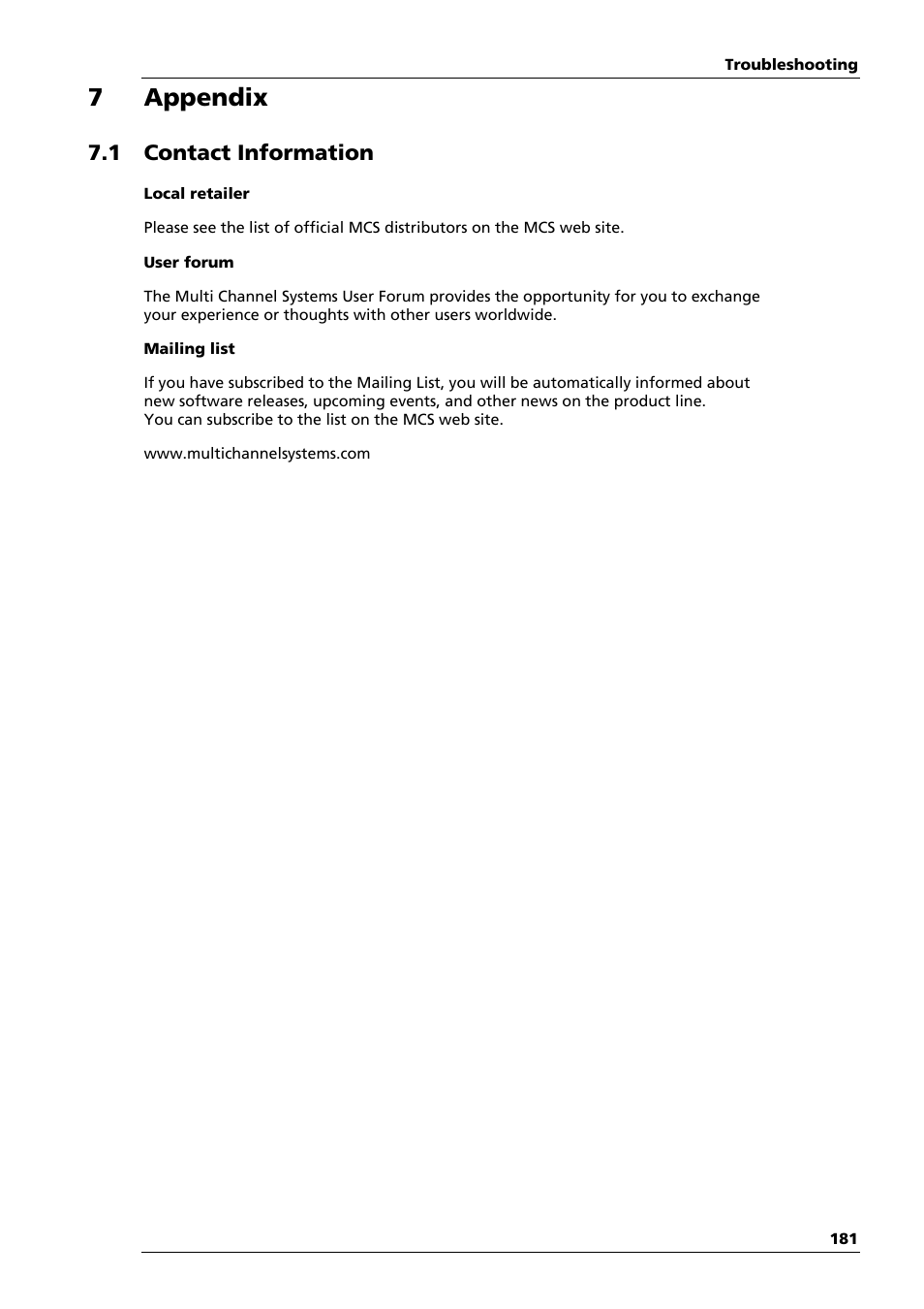7 appendix, 1 contact information | Multichannel Systems MC_Rack Manual User Manual | Page 187 / 201